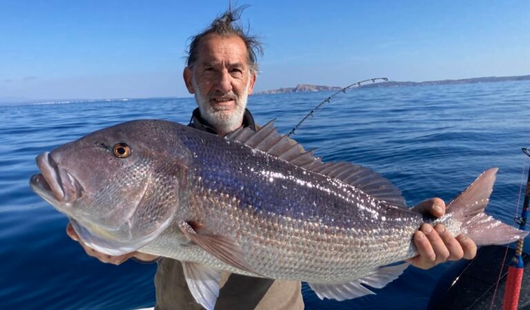 Massimo Deiana mostra un dentice appena pescato durante un'uscita di pesca a Santa Teresa, Sardegna